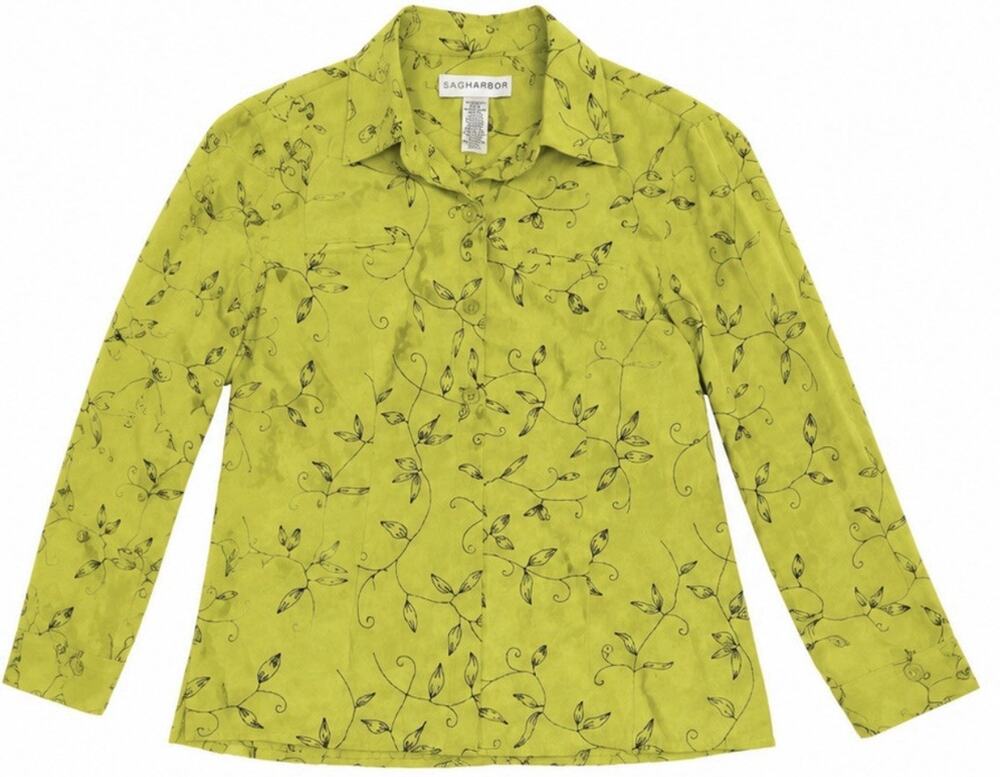 Sag Harbor Women’s Size 10 Lime Green Floral Button Front Blouse Long Sleeve